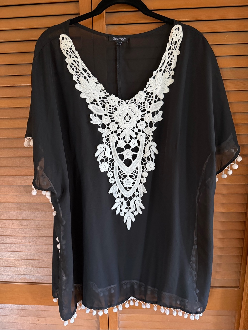 Amazon Black Sheer Tunic Swim Coverup with White Crochet Yoke